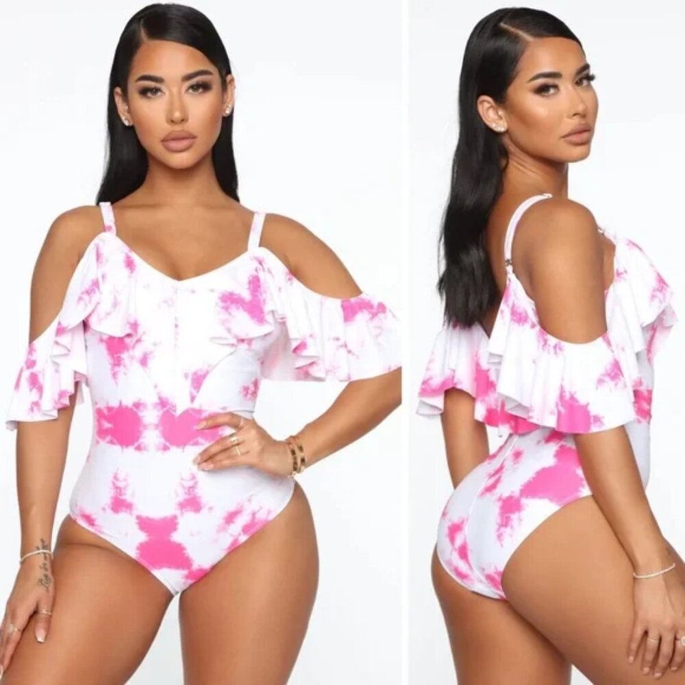 Fashion Nova Make A Wave Swimsuit White Pink Cold Shoulder Ruffle Sleeve, Size M
